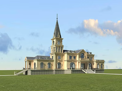 Grand Yellow Mansion With Spire Tower On Green Lawn Under Blue Sky 3d model