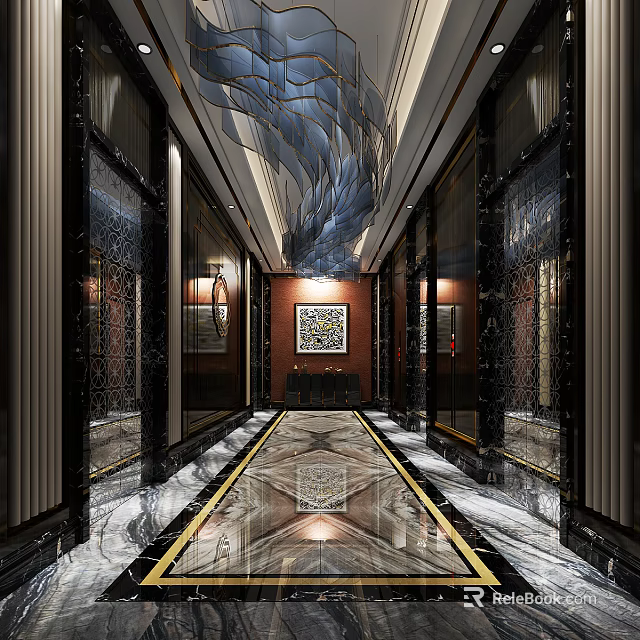 Luxurious Elevator Lobby With Marble Floor Black Glass Doors And Wave Like Ceiling Decoration 3d model 