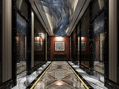 Luxurious Elevator Lobby With Marble Floor Black Glass Doors And Wave Like Ceiling Decoration 3d model