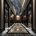 Luxurious Elevator Lobby With Marble Floor Black Glass Doors And Wave Like Ceiling Decoration