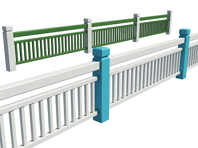 Modern Outdoor Fence Design With Green Railings White Posts And Blue Accents 3d model