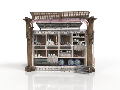 Vintage Wooden Retail Kiosk With Shelves Canopy Roof Circular Decor And Merchandise 3d model