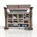 Vintage Wooden Retail Kiosk With Shelves Canopy Roof Circular Decor And Merchandise