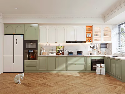 Green And White Kitchen Interior With Cabinets Refrigerator And Wooden Herringbone Floor 3d model