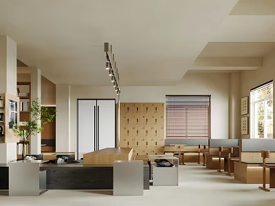 Modern Café Interior Design With Wooden Furniture Hanging Lights Window Blinds And Green Plants 3d model