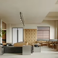 Modern Café Interior Design With Wooden Furniture Hanging Lights Window Blinds And Green Plants