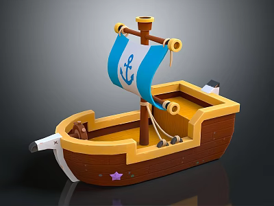 Cartoon Scene Wooden Ship With Blue White Sail Anchor Teddy Bear Purple Star And Cannons 3d model