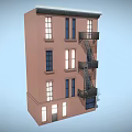 Cartoon Multi Story Apartment Building Featuring Pink Exterior Black Fire Escape Windows And Shop Design
