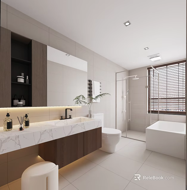 Modern Bright Minimalist Bathroom Interior Design With Marble Vanity Wooden Cabinets Bathtub And Shower 3d model 