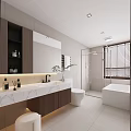 Modern Bright Minimalist Bathroom Interior Design With Marble Vanity Wooden Cabinets Bathtub And Shower