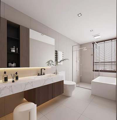 Modern Bright Minimalist Bathroom Interior Design With Marble Vanity Wooden Cabinets Bathtub And Shower 3d model