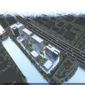 Aerial View City Planning Of Riverfront Urban District With Road Buildings Green Rooftops And Trees