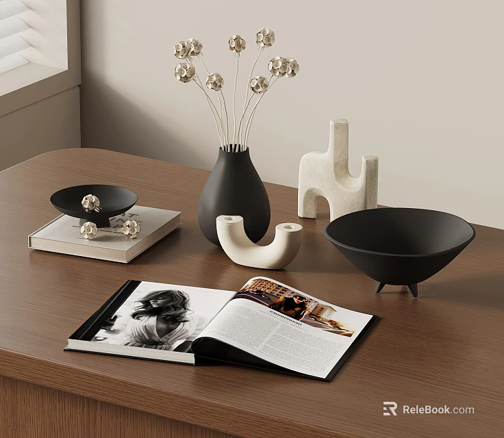 Decorative Ornament Set With Black Vase Dried Flowers White Figurine Black Bowl On Wooden Table 3d model 