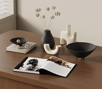 Decorative Ornament Set With Black Vase Dried Flowers White Figurine Black Bowl On Wooden Table 3d model