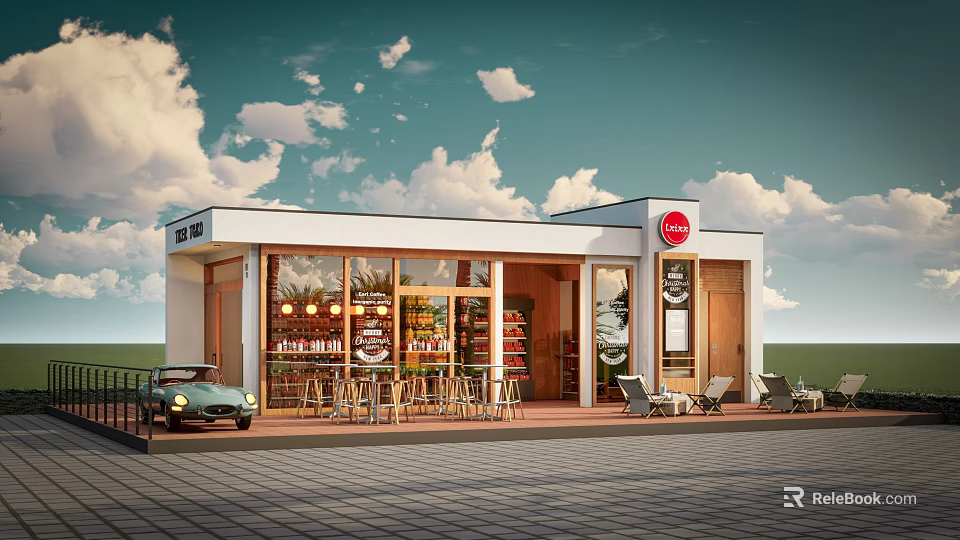 Bright White Café Exterior With Large Glass Windows Outdoor Seating And Vintage Car 3d model 