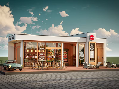 Bright White Café Exterior With Large Glass Windows Outdoor Seating And Vintage Car 3d model