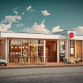 Bright White Café Exterior With Large Glass Windows Outdoor Seating And Vintage Car
