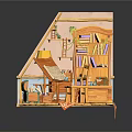 Miniature Room Architecture Model With Wooden Bookshelf Desk Lamp And Red Carpet