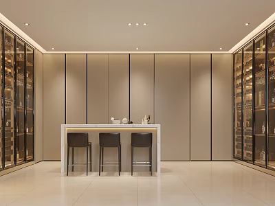 Modern Restaurant Interior With Wine Cabinets Dining Table And Black Chairs Design 3d model