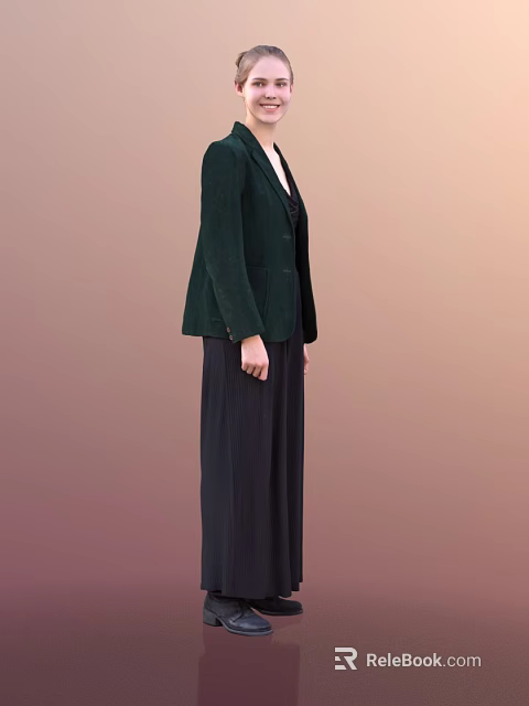 A Woman Wearing Green Blazer And Black Wide Leg Pants Against Gradient Background 3d model 