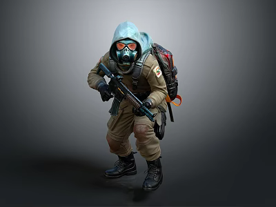 Crouching Figure In Protective Suit With Gas Mask Backpack And Rifle On Gray Background 3d model