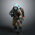 Crouching Figure In Protective Suit With Gas Mask Backpack And Rifle On Gray Background