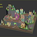 Cartoon Medieval Castle Village Design With Towers Cottages And Green Trees
