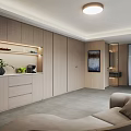 Modern Office With Large Windows Beige Sofa Floor Lamp Gray Flooring And Wooden Wall Decor