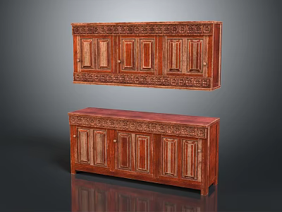 Wooden Entryway Cabinet And Side Cabinet With Carved Decorative Patterns 3d model