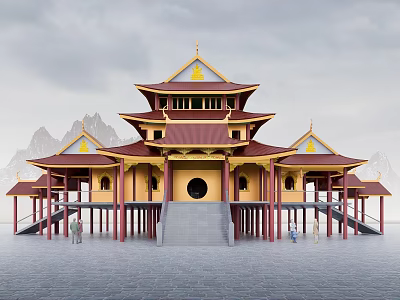 Zen Retro Religious Culture Temple Church Buddha Hall Southeast Asian Dai-style Zang House Religious Belief Buddhist Temple Buddha Hall Dai Style Architecture 3d model