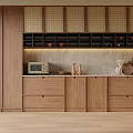 Wooden Wine Cabinet Featuring Black Lattice Shelves Clay Pots Microwave And Modern Minimalist Style