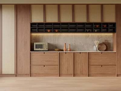 Wooden Wine Cabinet Featuring Black Lattice Shelves Clay Pots Microwave And Modern Minimalist Style 3d model