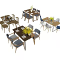 Modern Dining Table Set With Blue Gray Chairs Vase And Tableware 3d model