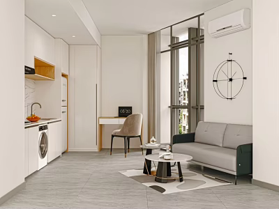 Hotel Room Modern Interior Design With Sofa Table Chair Kitchen Cabinets Window And Decorative Art 3d model
