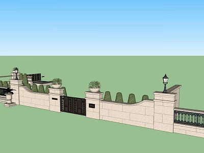 Elegant Building Exterior Wall With Decorative Gate Stone Planters Lamp Post And Greenery 3d model
