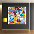 Abstract Painting With Colorful Cartoon Characters Various Expressions And Vibrant Hues