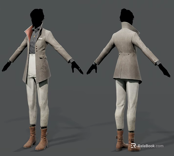 Fashion Mannequin in Gray Coat White Pants Brown Boots Front and Back View 3d model 