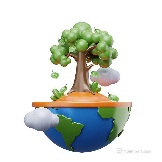 Decorative Ornament Set With Globe Base Green Tree Green Fruits Clouds And Leaves 3d model 