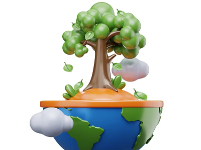 Decorative Ornament Set With Globe Base Green Tree Green Fruits Clouds And Leaves 3d model