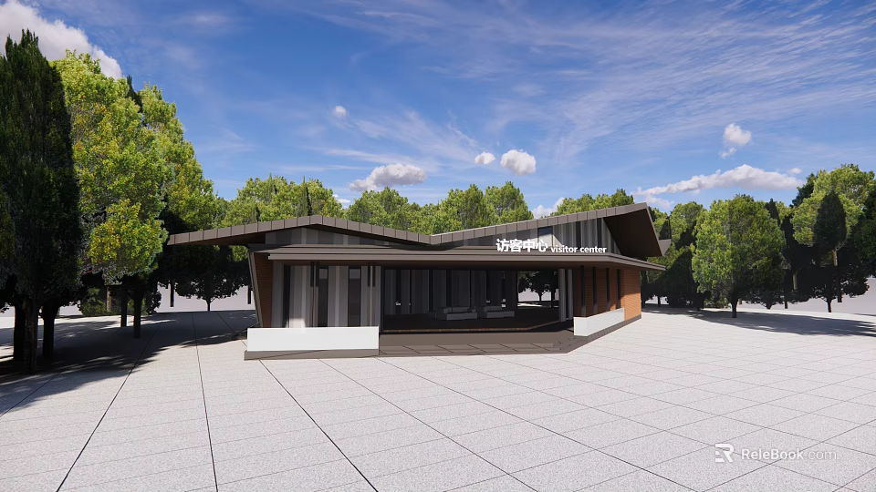 Modern Sloped Roof Building Design With Surrounding Trees Blue Sky And Paved Square 3d model 