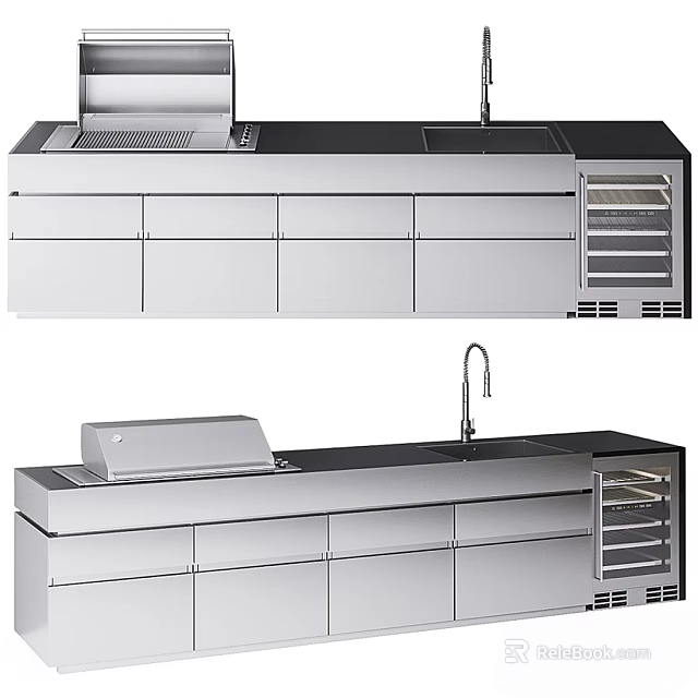 Modern Stainless Steel Kitchen Cabinets With Integrated Countertop Sink Grill And Refrigerator 3d model 