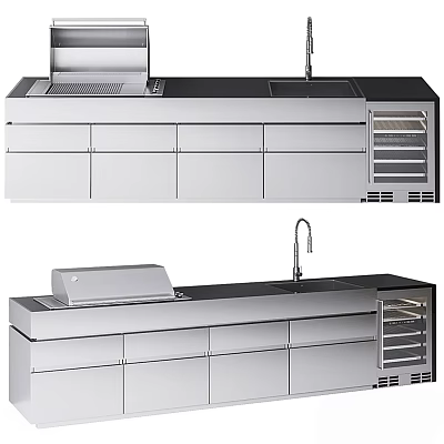 Modern Stainless Steel Kitchen Cabinets With Integrated Countertop Sink Grill And Refrigerator 3d model