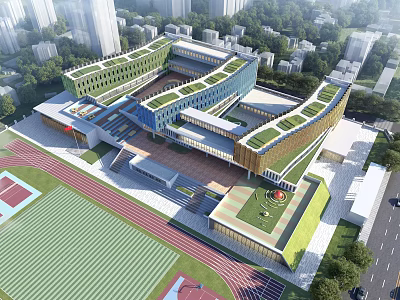 Modern School Building Complex With Green Roofs Running Track Basketball Court And Urban Trees 3d model
