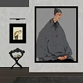 Seated Figure Portrait Painting With Striped Cloak In Framed Wall Art Interior