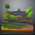 Layered Stepped Landscape Scene With Stone Walls Trees Grass And Waterfall
