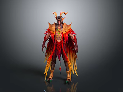 Red And Yellow Fantasy Phoenix Creature With Ornate Horns And Feathered Wings 3d model