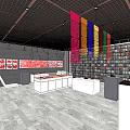 Modern Exhibition Space Interior With Lattice Ceiling Colorful Banners Red Artworks And White Display Counters