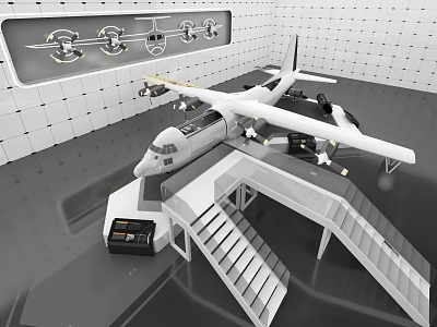 Detailed Airplane Model Exhibition In Showroom With Staircase And Wall Charts 3d model