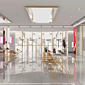 Modern Bright Boutique Interior With Golden Frame Display Shelves And Soft Lighting