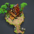 Cartoon Treehouse Scene With Wooden Structure Big Trees Stone Stairs And Green Plants